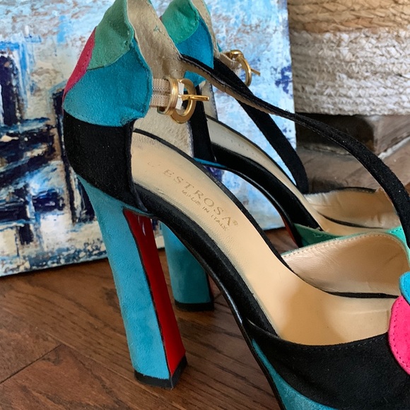 L’Estrosa RARE 38 Handcrafted Italian Suede Patchwork Platform Black Pink Teal - Picture 6 of 13